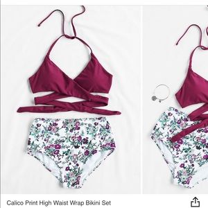 Calico Print High Waist Wrap Bikini Set